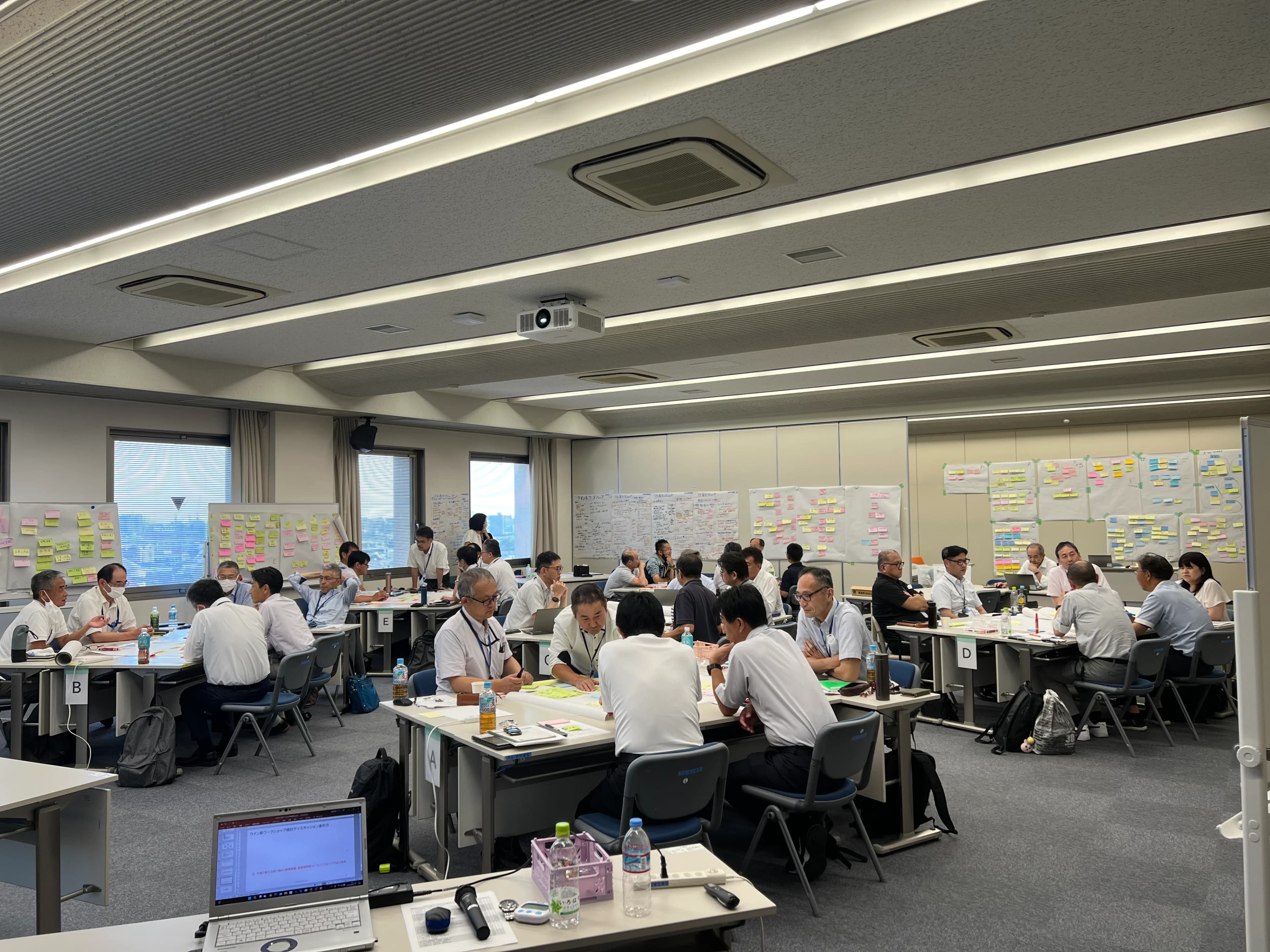 付箋を貼った壁の前で行うグループ討議の様子